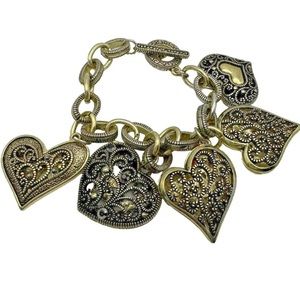 Vtg HEARTS CHARM Bracelet 2 Tone Hollow Puffy Open Filagree Toggle Closure 6”